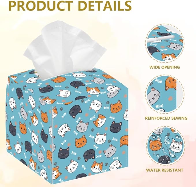 Cat Face Tissue Box Holder, Square Tissue Box Cover Foldable Tissue Storage Box Waterproof Paper Towel Case Container Organizer Cute Tissue Box Holder for Bedroom Office Bathroom Car