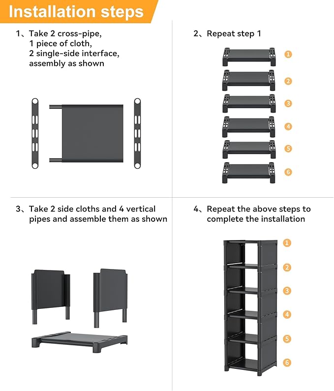 6-Tier Narrow Shoe Rack, Vertical Small Space Shoe Organizer, 9.84" Compact Slim Shoe Shelf for Closet & Entryway, Sturdy & Tool-Free Assembly, Adjustable Height for Boots