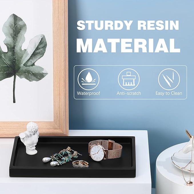 Emibele Black Tray for Bathroom, Resin Countertop Vanity Tray Jewelry Storage Dresser Tray Kitchen Toilet Tank Tray Organizer for Candle Plant Perfume Shampoo Towel Home Decor, Medium, Matte Black