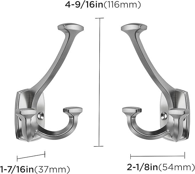 Large Wall Double-Sided Hook 10 Pack Brushed Satin Nickel Hook Decorative Heavy Duty Solid Large Coat Hooks for Towel Hanging Coats Robe Towel Bags Door Back 2 Prong Hooks