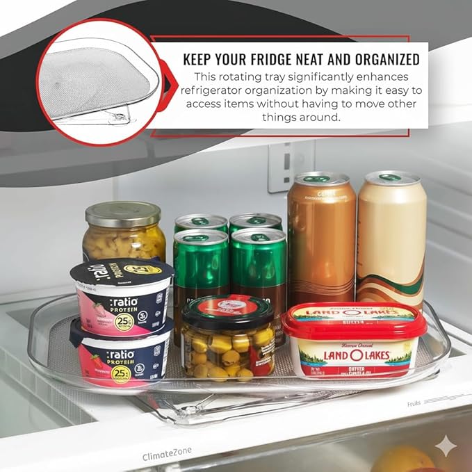 Oizeir Refrigerator Lazy Susan - Clear Rectangular Fridge Organizer - Turntable Tray Lazy Susan for Refrigerator - Cabinet & Pantry Organizer - Smooth 360° Rotating Swivel Spinning Fridge Shelf