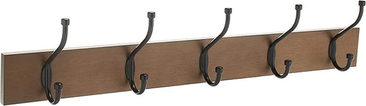 Amazon Basics Rectangular Farmhouse Wall-Mounted Coat Rack for Entryway and Bedroom, Storage Organizer, 5 Hooks, Barnwood | Farmhouse, with Storage Hooks, Rectangular