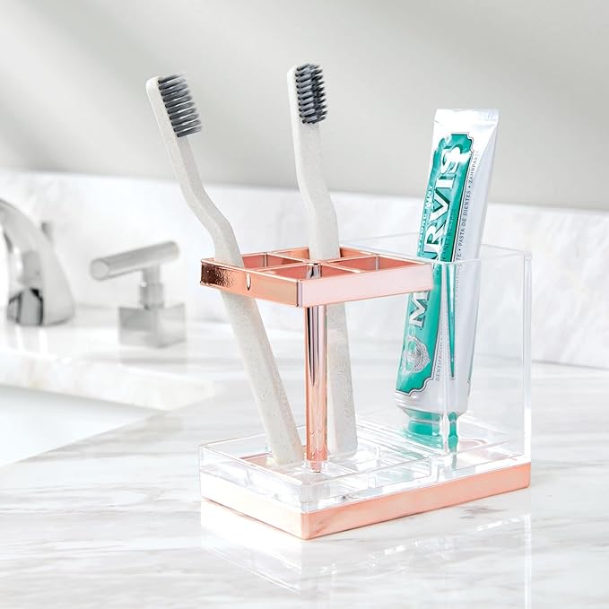 mDesign Plastic Toothbrush and Toothpaste Storage Organizer Holder - Home Decor for Bathroom Countertop - Holds Toiletries and Beauty Accessories - Lumiere Collection - Clear/Rose Gold