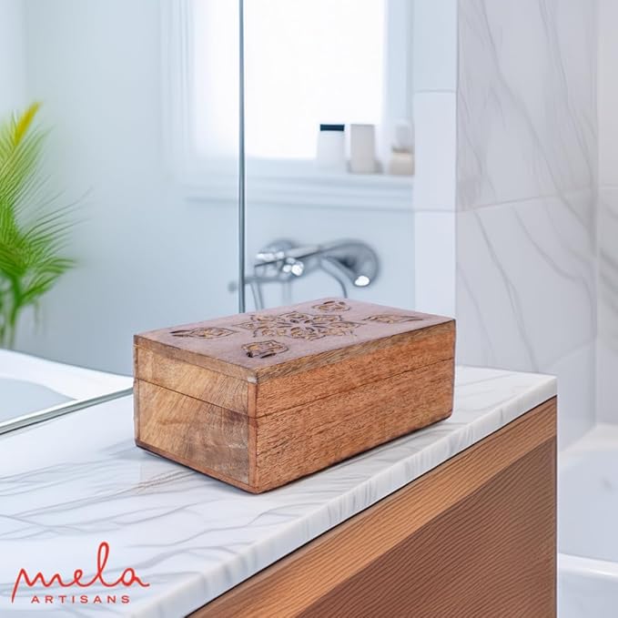Mela Artisans Decorative Storage Box with Hinged Lid - Light Burnt, Medium | 7.5” x 4.5” x 3”, Rustic Serena Style|Crafted from Mango Wood|Ideal for Keepsakes, Trinkets, Jewelry and Tea Boxs, Book Box