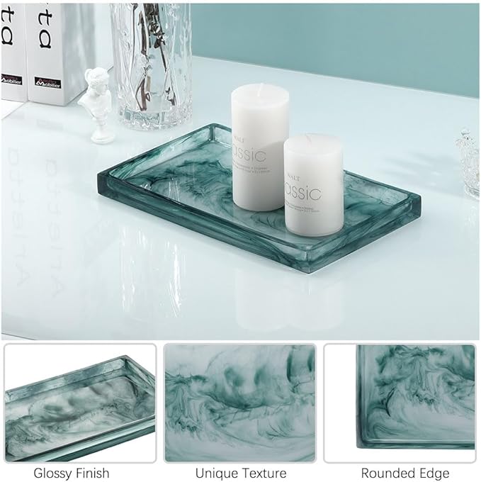 Emibele Bathroom Tray - Resin Countertop Vanity Tray with Jewelry Storage & Organizer for Candle, Plant, Perfume, Shampoo, Towel - Home Decor, Medium, Ink Green