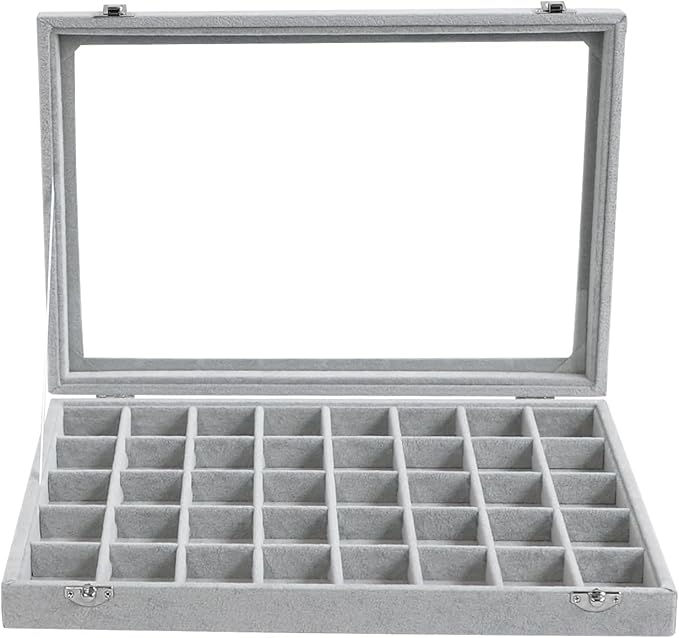 Wudygirl Jewelry Organizer Velvet Jewelry Box 40 Grid Earring Holder Organizer with Lid Ring Holder Ring Display Case Adjustable (Gray)
