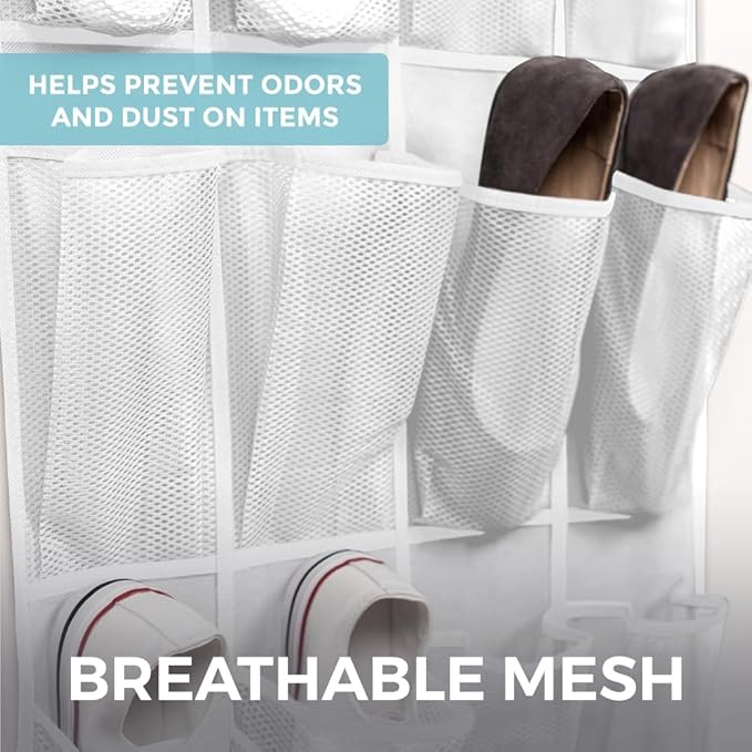 HOME GENIE Over the Door Hanging Shoe Organizer, 2 Pack, 24 Breathable Mesh Pockets, Closet Rack Storage Holder Stay in Place Hooks Hang on Closets, Hanger Holds Up to 40 lbs, Shoes, Accessories White
