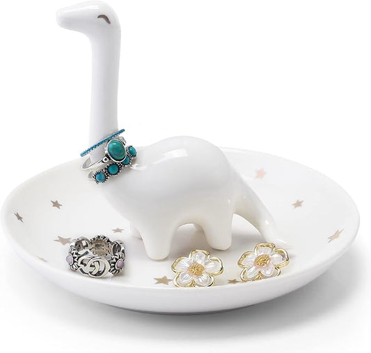 PUDDING CABIN White Dinosaur Ring Holder - Unique Jewelry Dish Tray for Rings, Earrings, Bracelets Organizer - Cute Gifts for Women, Girls, Her Birthday, Christmas, Wedding Gifts