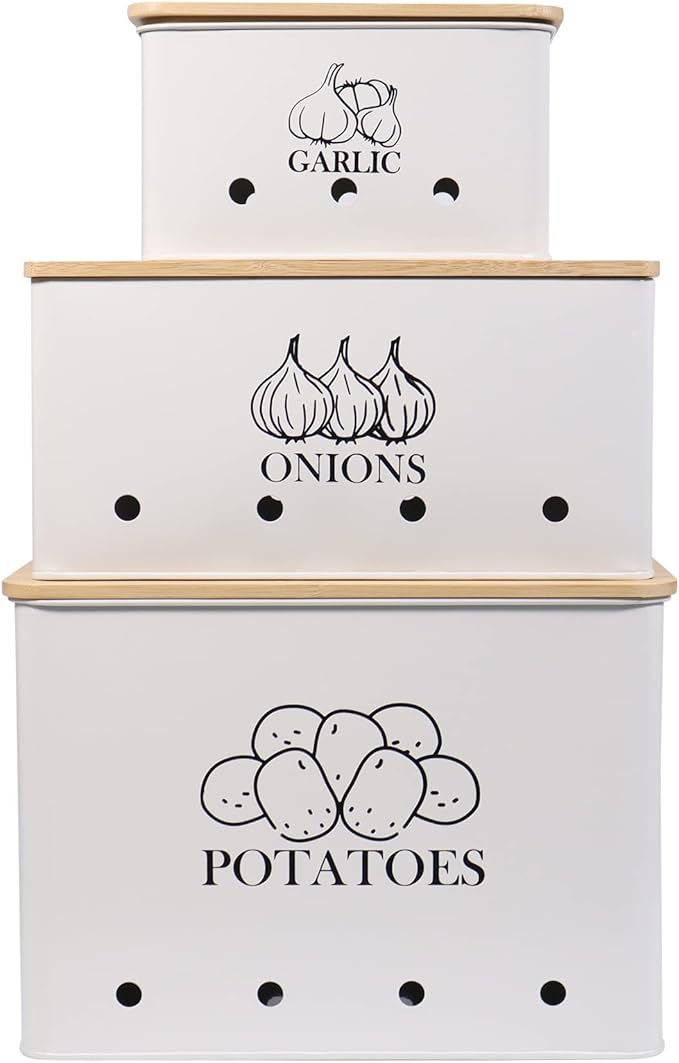 Kitchen Vegetable Storage Tins Set of 3 for Potato Onion & Garlic with Wooden Lid, Kitchen Storage Canisters Set, Long Shelf Life - White