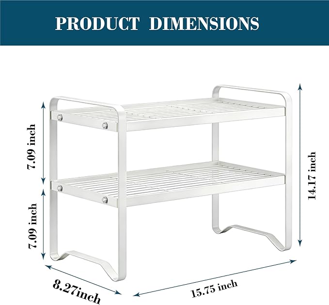 Metal Wire Cabinet Shelf - Multi-Functional Shelf Saver for Kitchen, Pantry, Countertop & Under Cabinet - Storage Solution for Spice Holder, Bookshelf & Cup Display Stand (White, 2-Tier 16" L)
