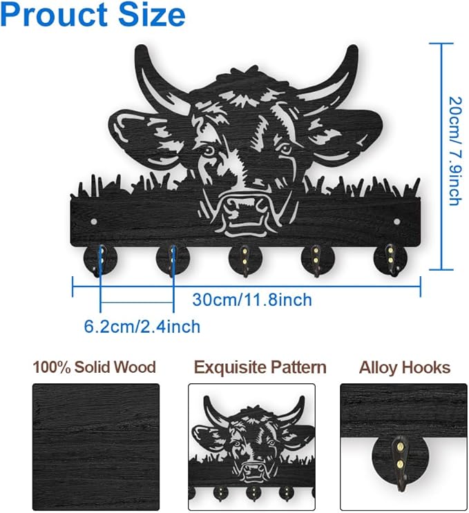 MAYJOYDIY Cow Coat Rack Wall Mount 11.8×7.9inch Wood Farm Animal Wall Art Decor Bull's Head Key Holder for Wall 5 Alloy Hooks Black Key Hanger Hat Towel Wall Hook for Entryway Living Room Bedroom Gift