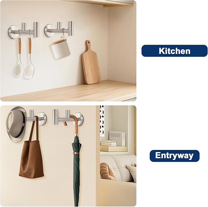 NearMoon Bathroom Double Towel Hook- SUS304 Stainless Steel Robe Towel Holder, Heavy Duty Double Coat Hook for Bathroom Livingroom Kitchen Wall Mounted (Brushed Nickel-F, 2 Pack)