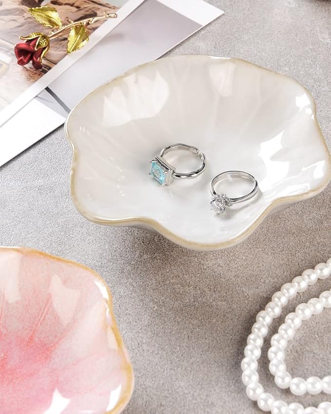 2PCS Lotus Leaf Shape Ring Holder Dish, Small Key Bowl, Ceramic Trinket Tray Jewelry Dish Organizing Necklace Earrings for Mom Friend Sister, All Jewelries Are NOT Included. White +Pink.â¦