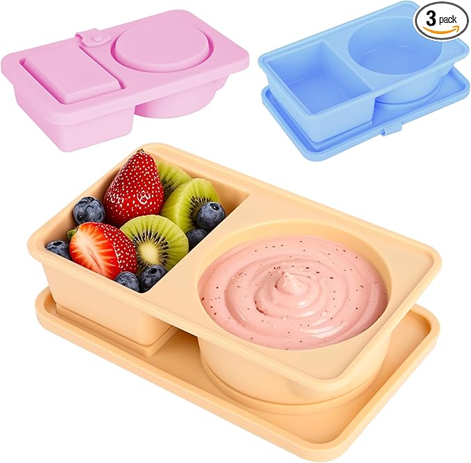 3 Pack Silicone Snack Containers with Lids, Double Compartment Reusable Snackle Box Container, Dressing Containers, Small Food Box for Lunch, Travel, Office, Picnic