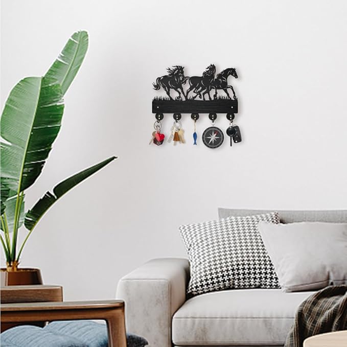 MAYJOYDIY Horse Coat Hooks Wall Mounted 11.8×7.9inch Running Horse Key Holder for Wall Wood Key Rack Hanger with 5 Alloy Hooks for Wall Art Decor Entryway Front Door Gift