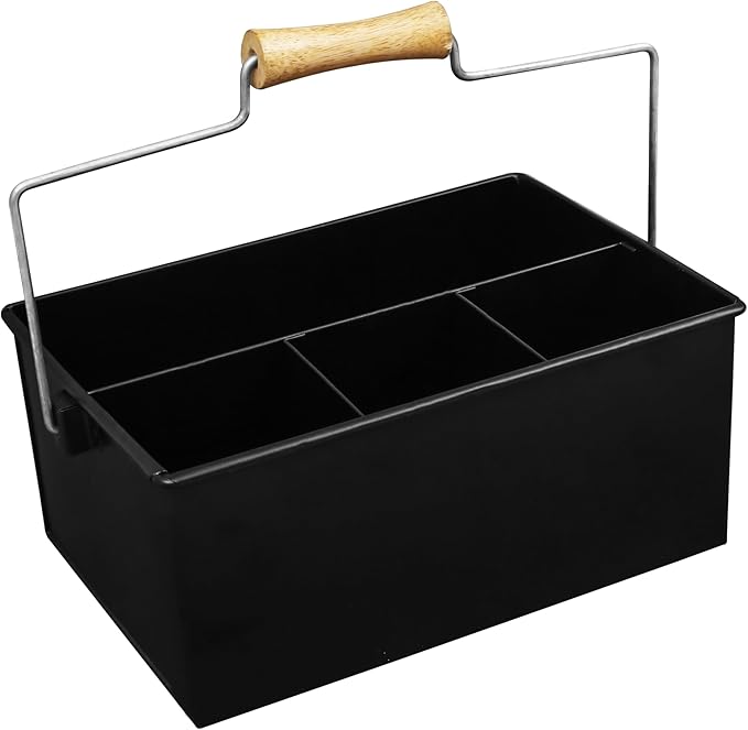 Alpha Living Home Heavy Duty Metal Alloy Utensil Silverware Caddy - 4 Compartment Flatware Organizer with Handle - Farmhouse Rustic Kitchen Storage for Countertop, Tabletop, Picnics & Parties (Black)