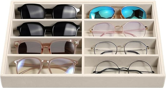 Emibele Sunglass Organizer Jewelry Tray, 8 Grids Velvet Glasses Watch Storage Stackable Tray, Eyeglasses Jewelry Showcase Display Organizerï¼Beige