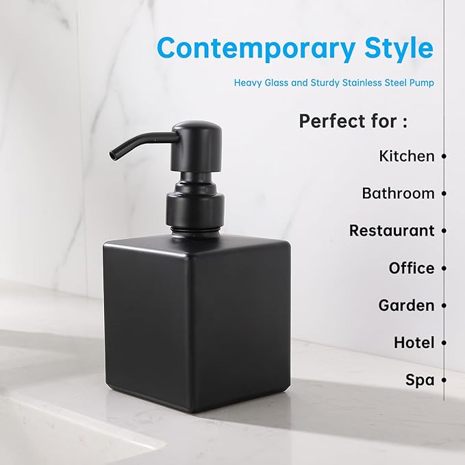 Square Bathroom Soap Dispenser All Black, 8.4 oz Glass Bottles with Stainless Steel Pump Retangle Cube Liquid Soap Dispenser Hand Kitchen