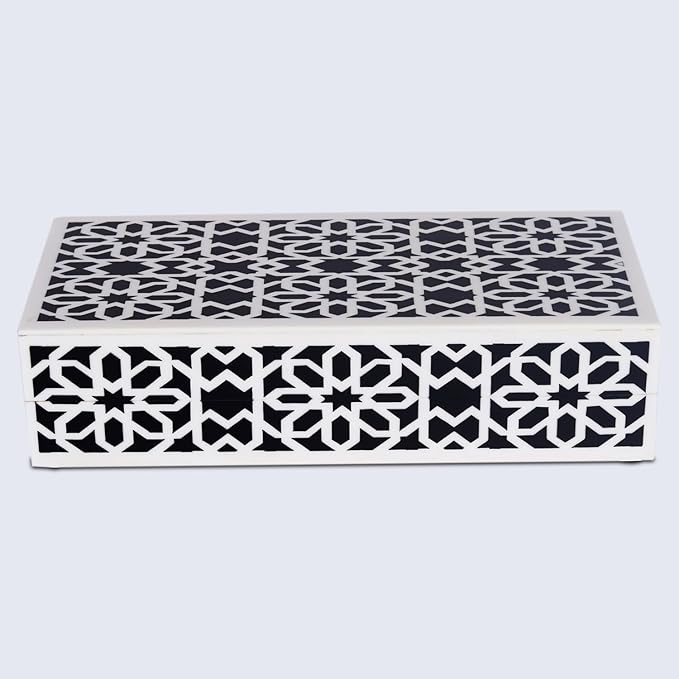 Handicrafts Home Decorative Storage Box with Lid–Black White Persian Mosaic Storage Box, Islamic Rosette Pattern Coffee Table Organizer, Keepsake Box for Living Room & Console Decor– Shiraz 10x4.5x2.5