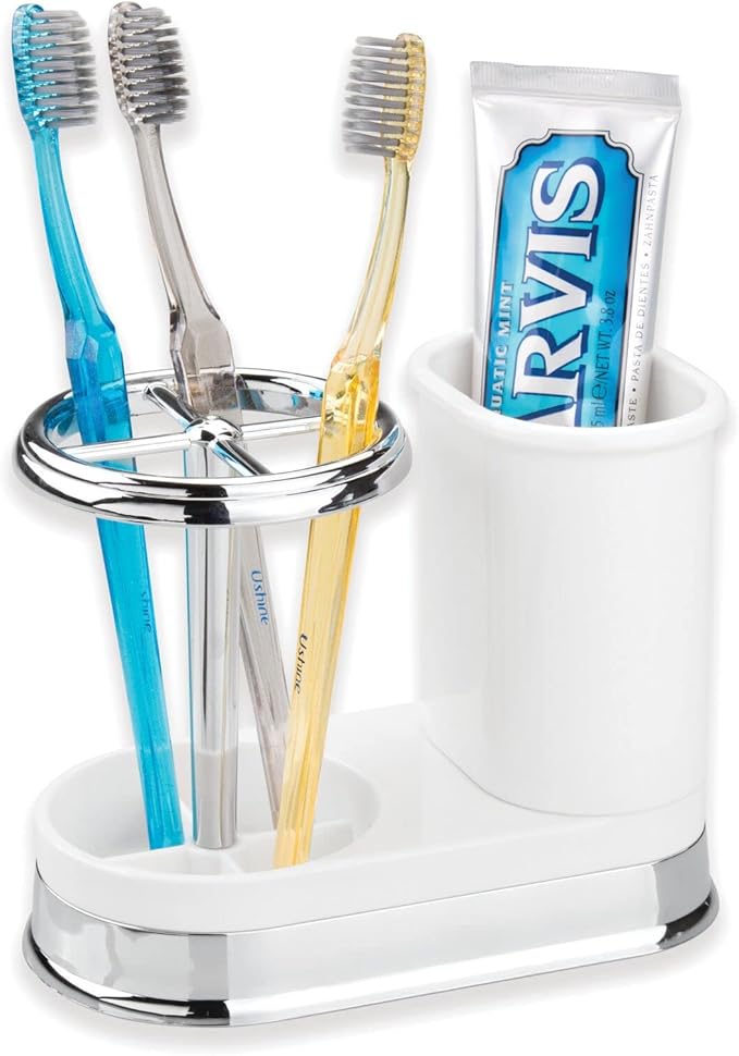 mDesign Decorative Bathroom Dental Storage Organizer Holder Stand for Electric Spin Toothbrush/Toothpaste - Compact Design for Countertop and Vanity, Holds 4 Standard Brushes - White/Chrome
