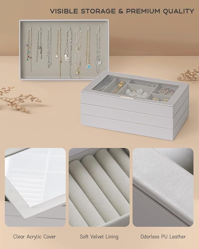 Large Jewelry Organizers and Storage Box, 4 Layers Stackable Jewelry Organizer Trays Clear Lid Cover for Drawers, Jewelry Boxes for Women, Stacker Jewelry Display Case
