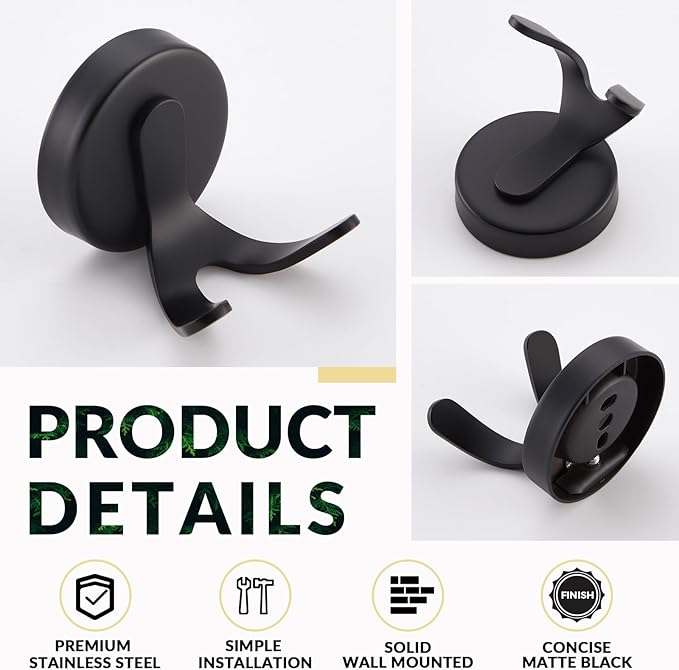 APLusee Matte Black Double Towel Hook, Stainless Steel Bathrobe Hook for Bathroom, Heavy Duty Storage Towel Hanger, Wall Mounted