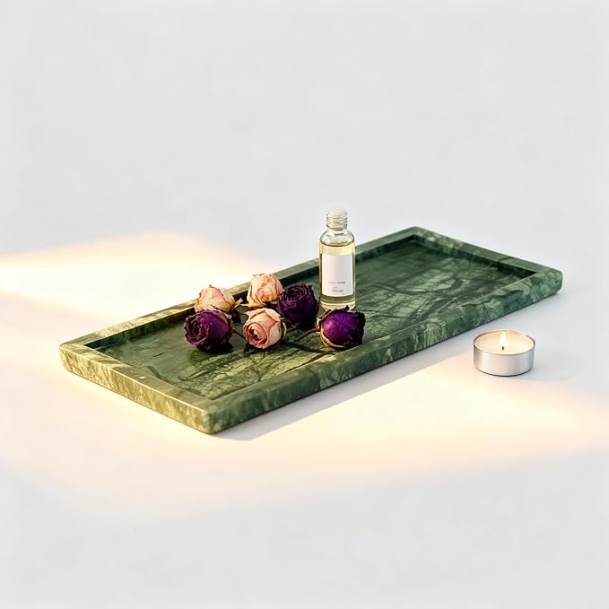Natural Marble Vanity Bathroom Tray, 12 x 6 Inch Elegant Home Decor Tray for Kitchen,Bathroom,Dresser, Coffee Table,Sink Storage Holder Organizer, Green (NS029)