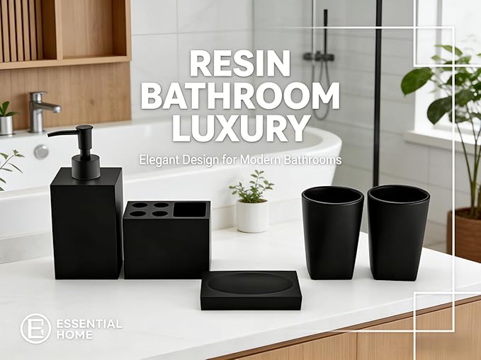 5-Piece Matte Black Bathroom Accessory Set - Modern Design Set with Soap Dispenser, 2 Tumbler Cups, Soap Dish & Toothbrush Holder