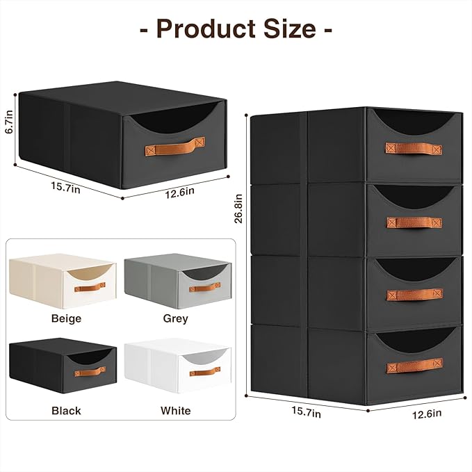 Stackable Storage Drawers - Large Collapsible Storage Bins with Drawers, 6 Pack Closet Shelf Organizer Basket, Fabric Pull Out Organizer for Bedroom, Living Room, Dorm, Black