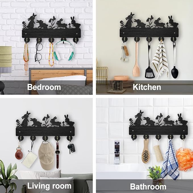 MAYJOYDIY Bunny Meadow Flower Coat Rack 11.8×7.2inch Wood 4 Rabbits Key Holder for Wall Rabbits Butterfly Wildflower Carrot Key Hanger 5 Alloy Hooks Key Rack for Farmhouse Gift Entryway Art Decor