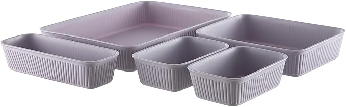 Superio Decorative Plastic Desk Drawer Organizer Tray, Lilac Purple (Set of 5) Open Home Storage Bins Organizer Baskets, for Organizing Closet Shelves Drawer Shelf - Ribbed Collection
