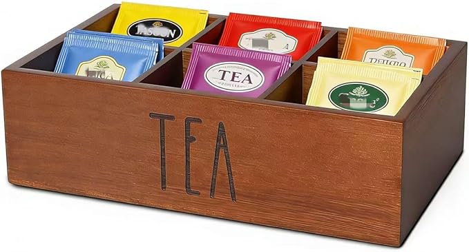 Tea Bag Organizer,Acacia Wood Tea Storage Containers with 6 Compartments, Sugar Packet Holder,Tea Bag Caddy Box for Cabinet Countertop Office (Brown- Labeled TEA)