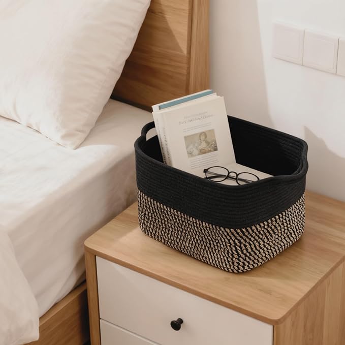 Storage Basket,Cotton Rope Woven Baskets for Organizing,Medium Soft Basket for Toys,Nursery,Bedroom, Gift Baskets for Home Decor,14"Ã11"Ã10",Black-Brown