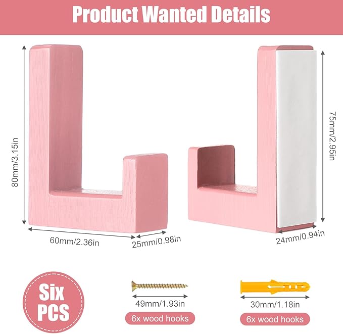 6 Pack Cute Kids Coat Wall Hooks Wooden Adhesive Decorative Colorful Wall Mounted Hangers Backpack Hooks for Hanging Keys Towel Clothes Bathroom Organization(Pink)