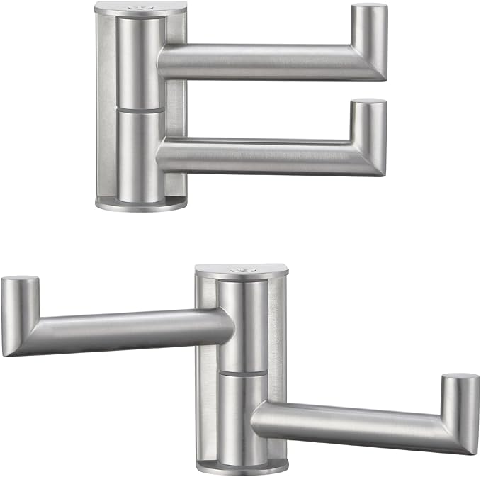 Suyar Brushed Nickel Double Towel Hook, SUS304 Stainless Steel Swivel Wall Hook with 2 Arms, Foldable Robe Coat Hanger for Bathroom, 2 Pack