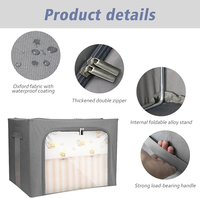 Stackable Clothes Storage Box for Clothing Gadgets,Steel Frame Storage Bins for Toys Gift,Foldable Oxford Fabric Closet Organizer Bag Set with Carry Handles Clear Window (Large- 66L x3 Pack, Grey)