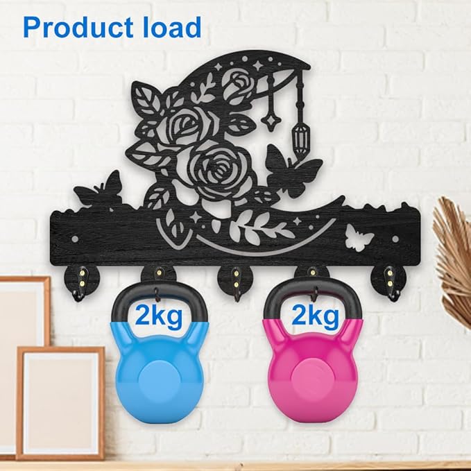 MAYJOYDIY Moon Flower Wood Key Hook Butterfly Leaf Coat Holder for Wall 11.8×7.8 inch Black Star Botanical Wall Mounted Key Rack with 5 Alloy Hooks for Entryway Bedroom Living Room Home Decor