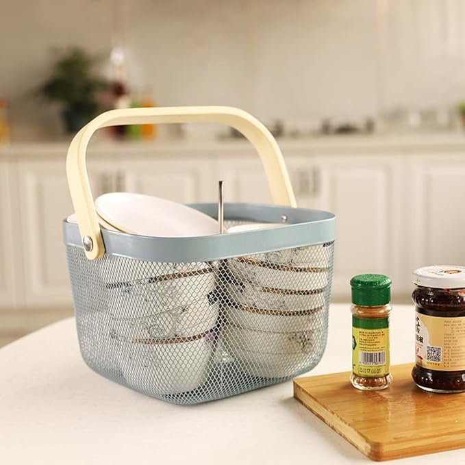 Mesh Steel Storage Organizer Basket Fruit Basket Bin with Wood Handle Ideal for Kitchen Bathroom Picnic Baskets Pantry Cabinets Storage Home Decor (Pink)