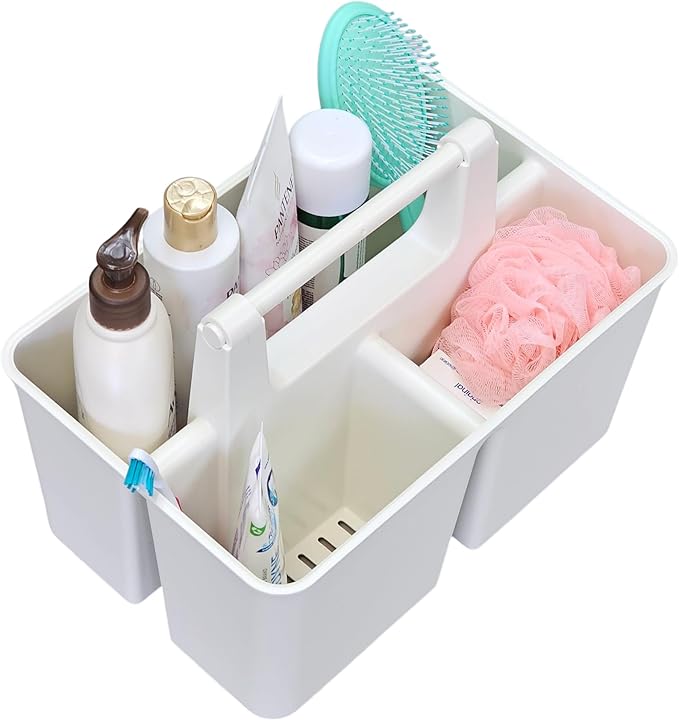 Shower Caddy Organizer with Handle, 3 Compartments, Portable Storage Bin for Bathroom, Dorm, Gym -Made In USA (Ivory)