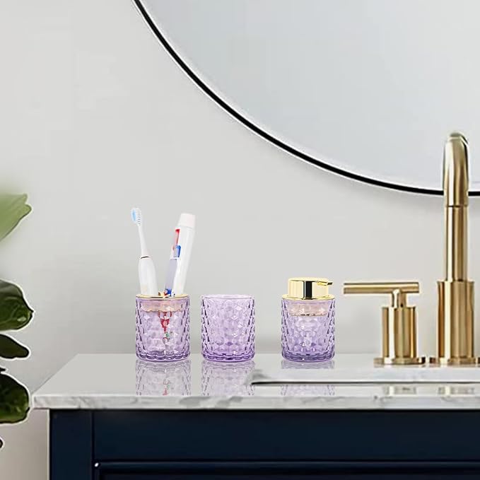 Bathroom Accessories Set, 3pcs Purple Glass Bathroom Accessory Set,Toothbrush Holder, Foaming Soap Dispenser and Tumbler, Gold Bathroom Decor Sets for Organizer, Home Apartment Gift