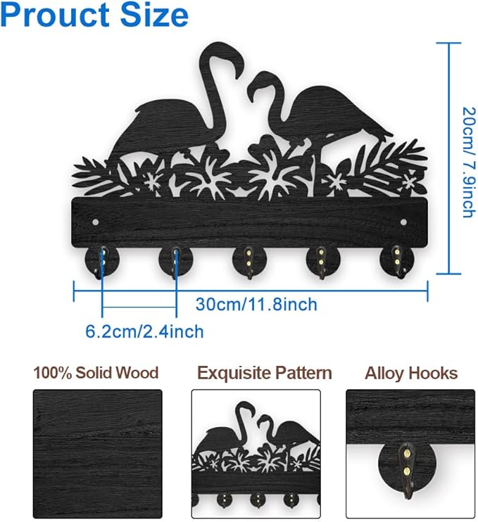 MAYJOYDIY Flamingo Flower Coat Rack Wall Mount Wood Key Holder for Wall 11.8×7.9inch Bird Tropical Leaves Decorative Wall Hooks 5 Alloy Hooks Hibiscus Flower Black Wall Hanger for Gifts Entryway Room