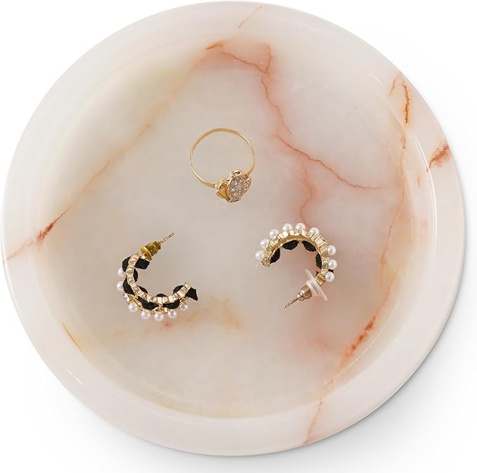 Marble Jewelry Dish 5 Inch Handmade Cream Onyx Jewelry Tray, Trinket Dish - Candle, Key & Ring Holder for Aesthetic Room Decor and Gifts for Women