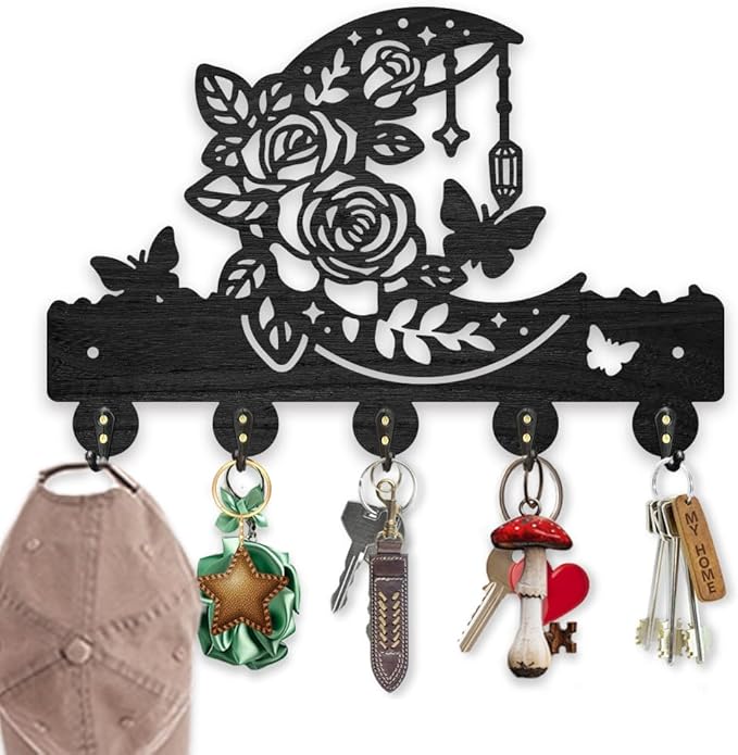 MAYJOYDIY Moon Flower Wood Key Hook Butterfly Leaf Coat Holder for Wall 11.8×7.8 inch Black Star Botanical Wall Mounted Key Rack with 5 Alloy Hooks for Entryway Bedroom Living Room Home Decor