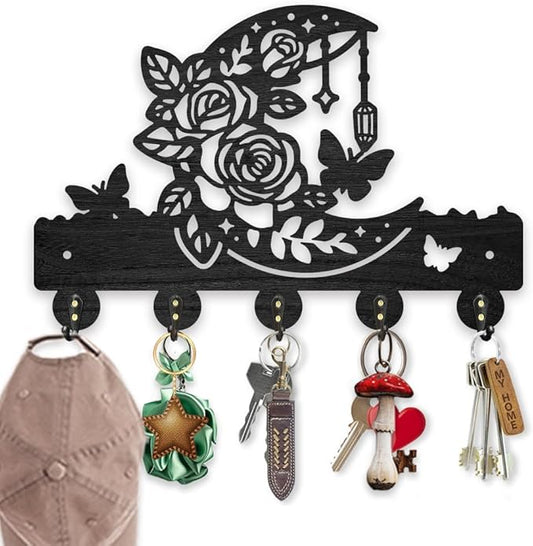 MAYJOYDIY Moon Flower Wood Key Hook Butterfly Leaf Coat Holder for Wall 11.8×7.8 inch Black Star Botanical Wall Mounted Key Rack with 5 Alloy Hooks for Entryway Bedroom Living Room Home Decor