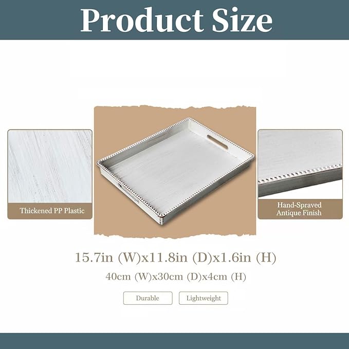 Zosenley Decorative Tray, Rectangular Plastic Tray with Handles, Modern Vanity Tray and Serving Tray for Bathroom, Kitchen, Ottoman and Coffee Table, 15.6â x 10.2â (Retro White)