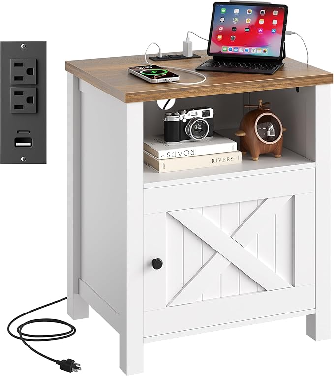 Marsail Farmhouse Nightstand with Charging Station, Wood Bedside Table with USB Port & AC Outlet, Open Shelf and Enclosed Cabinet, Side Table with Storage for Bedroom, Brown and White