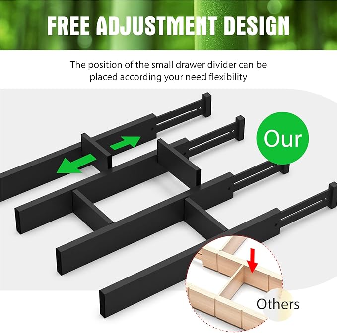ANTOWIN Bamboo Drawer Dividers Organizers, Drawer Separators Splitter,17-22 inches Long Adjustable Spring-loaded Organizer for Large Utensil, Clothes, Tools Drawers (Black)