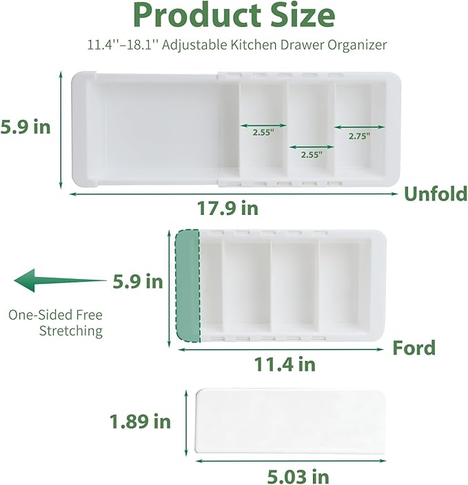 Expandable Measuring Cup Organizer & Measuring Spoon Organizer for Deep Drawers, 11.4''–18.1'' Adjustable Kitchen Drawer Organizer with 3 Dividers, Space-Saving Flatware Bin for Home & Kitchen