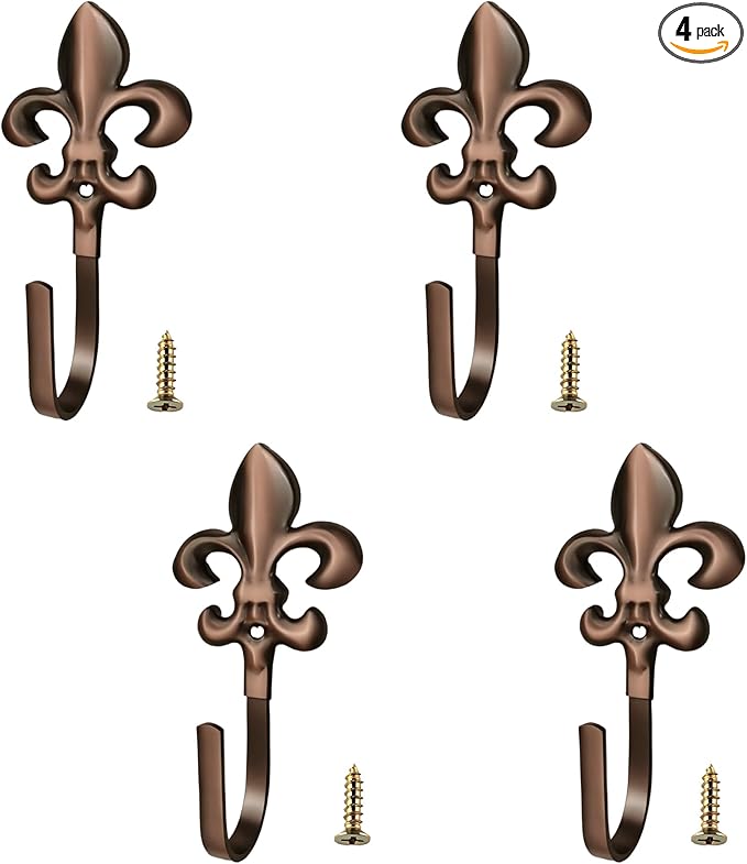 Decorative Wall Hooks for Hanging Things, Vintage Fleur De Lis Metal Coat Hooks, Heavy Duty Bronze Rustic Hooks for Key, Jewelry, Curtain Tie Backs, Towel, Hat, Small Decorative Hardware 4 Pack