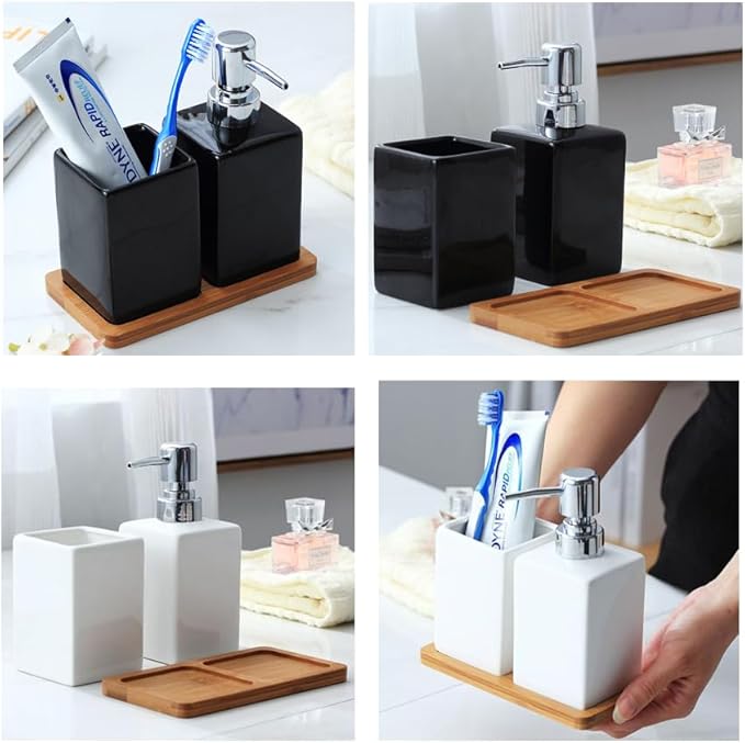Black Ceramic Soap Dispenser and Toothbrush Holder,3-Piece Bathroom Accessories Set Modern Square Countertop Bath Set,Liquid Soap Dispenser,Tumbler Cup,Wooden Vanity Tray